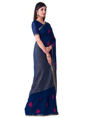 Blue Embroidered Chiffon Saree With Blouse 2
