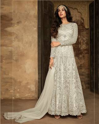 Off White Heavy Net Designer Anarkali Suit 1
