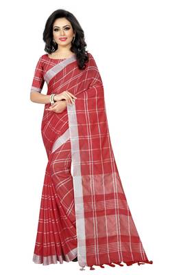 red woven linen saree with blouse 1