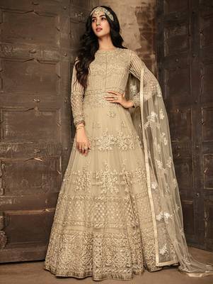Light Golden Heavy Net Designer Anarkali Suit 1