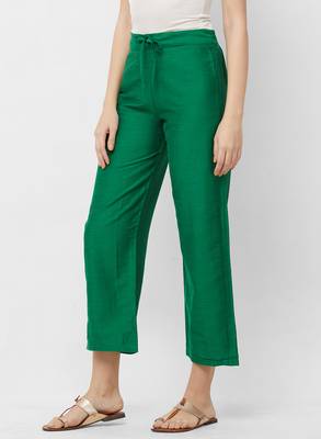 Women's Solid Green Casual Pants 4