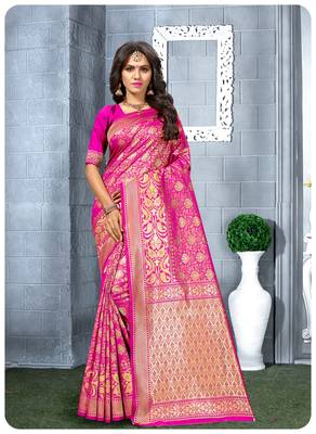 Rani pink woven silk blend saree with blouse 1