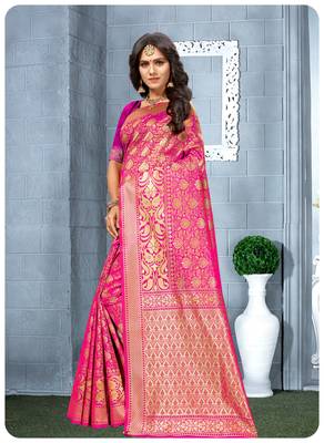 Rani pink woven silk blend saree with blouse 2