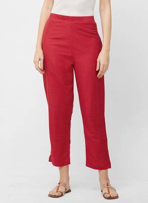 Women's Solid Red Casual Pants 1