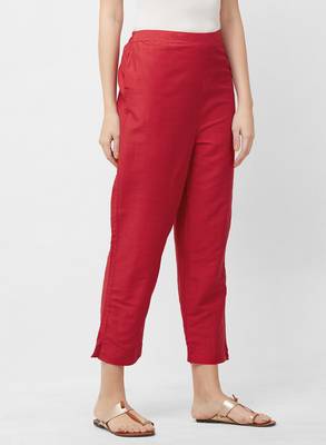 Women's Solid Red Casual Pants 3