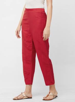 Women's Solid Red Casual Pants 4