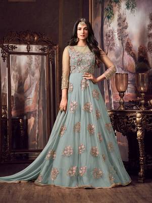 Turquoise Embroidered Flair Anarkali Suit 1
