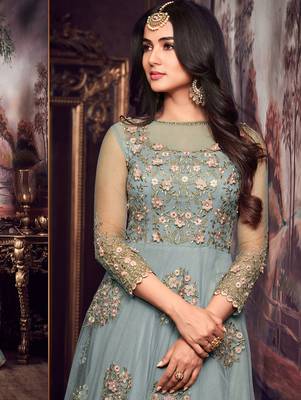 Turquoise Embroidered Flair Anarkali Suit 2