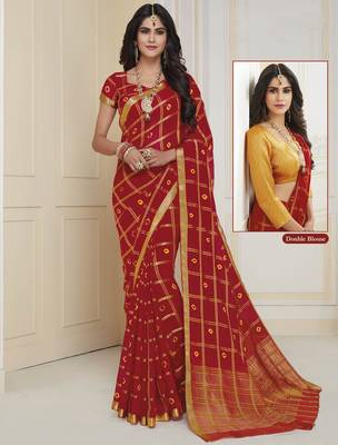 Red printed chiffon saree with blouse 1