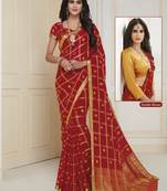 Red printed chiffon saree with blouse
