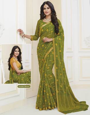 Green printed chiffon saree with blouse 1