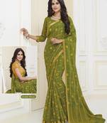 Green printed chiffon saree with blouse