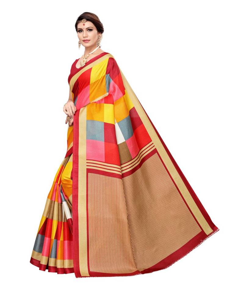 Multicolor Printed Art Silk Saree With Blouse