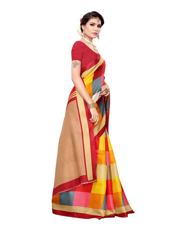 Multicolor Printed Art Silk Saree With Blouse