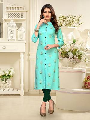 Sky-blue printed rayon party-wear-kurtis 1