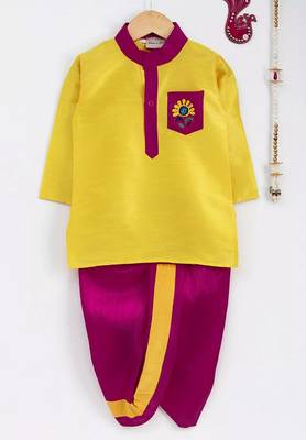 Yellow Plain Dupion Boys Dhoti Kurta 1