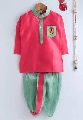 Red Plain Dupion Boys Dhoti Kurta 1