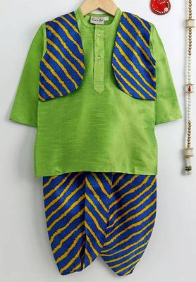 Green Plain Dupion Boys Dhoti Kurta 1