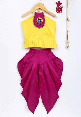 Yellow Embroidered Dupion Top With Dhoti For Girls 1