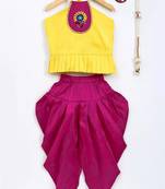 Yellow Embroidered Dupion Top With Dhoti For Girls