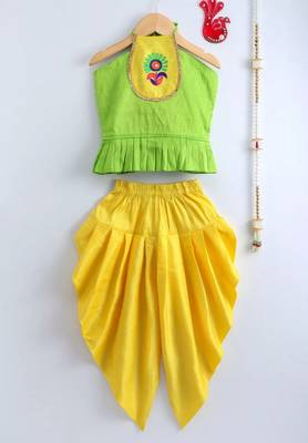 Green Embroidered Dupion Top With Dhoti For Girls 1