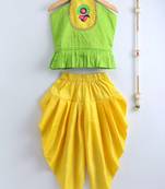 Green Embroidered Dupion Top With Dhoti For Girls