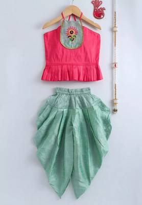 Red Embroidered Dupion Top With Dhoti For Girls 1