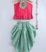 Red Embroidered Dupion Top With Dhoti For Girls