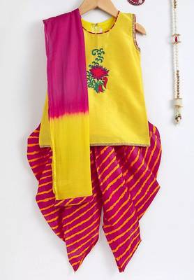 Yellow Hand Embroidered Kurta Dhoti Salwar Suit With Dupatta For Girls 1