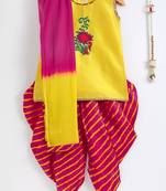 Yellow Hand Embroidered Kurta Dhoti Salwar Suit With Dupatta For Girls