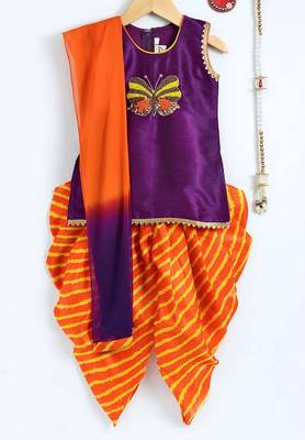 Purple Hand Embroidered Kurta Dhoti Salwar Suit With Dupatta For Girls 1