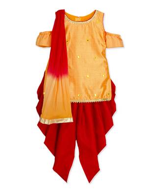 Orange mirror work dhoti kurta salwar suit with dupatta for girls 1