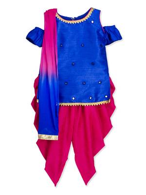 Blue mirror work kurta dhoti salwar suit with dupatta for girls 1