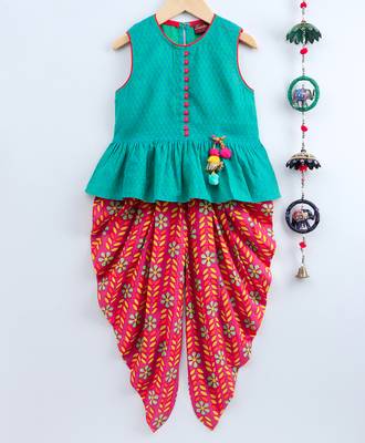 Blue printed cotton top with dhoti for girls 1