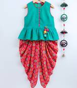 Blue printed cotton top with dhoti for girls