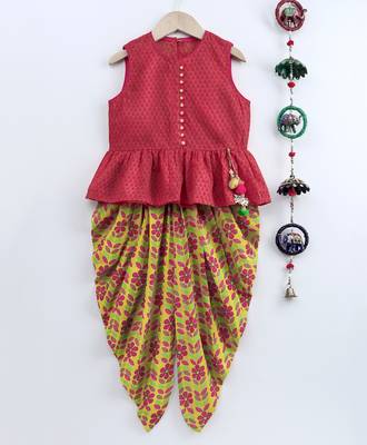 Red printed cotton top with dhoti for girls 1