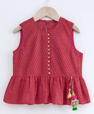 Red printed cotton top with dhoti for girls 3