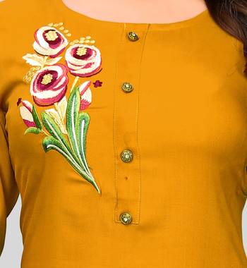 Yellow embroidered rayon ethnic-kurtis 4