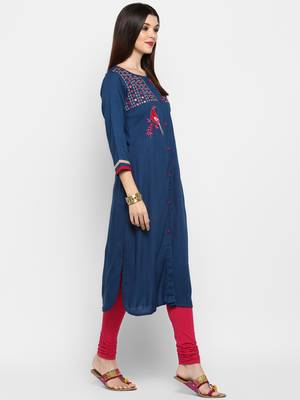 Royal-blue embroidered rayon ethnic-kurtis 4