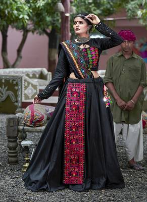 Black resham embroidery cotton semi stitched lehenga 1