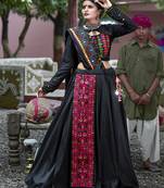 Black resham embroidery cotton semi stitched lehenga