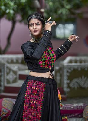 Black resham embroidery cotton semi stitched lehenga 3