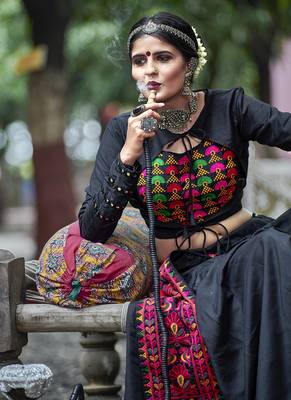 Black resham embroidery cotton semi stitched lehenga 4