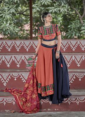 Dark-blue resham embroidery cotton semi stitched lehenga 1
