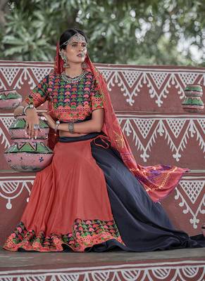 Dark-blue resham embroidery cotton semi stitched lehenga 2
