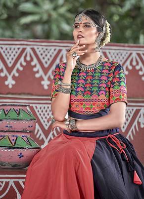 Dark-blue resham embroidery cotton semi stitched lehenga 3