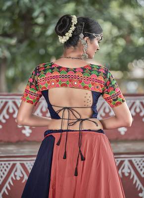 Dark-blue resham embroidery cotton semi stitched lehenga 4