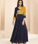 Blue embroidered rayon long-kurtis