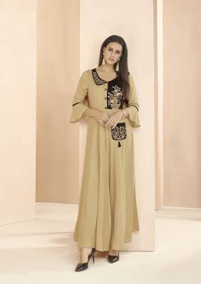 Beige embroidered rayon long-kurtis 1