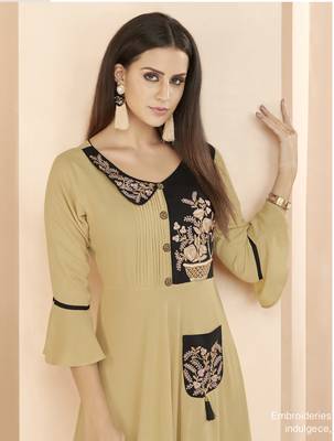 Beige embroidered rayon long-kurtis 2